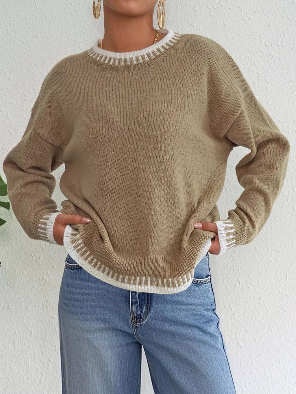 Contrast Trim Crew Neck Drop Shoulder Sweater
