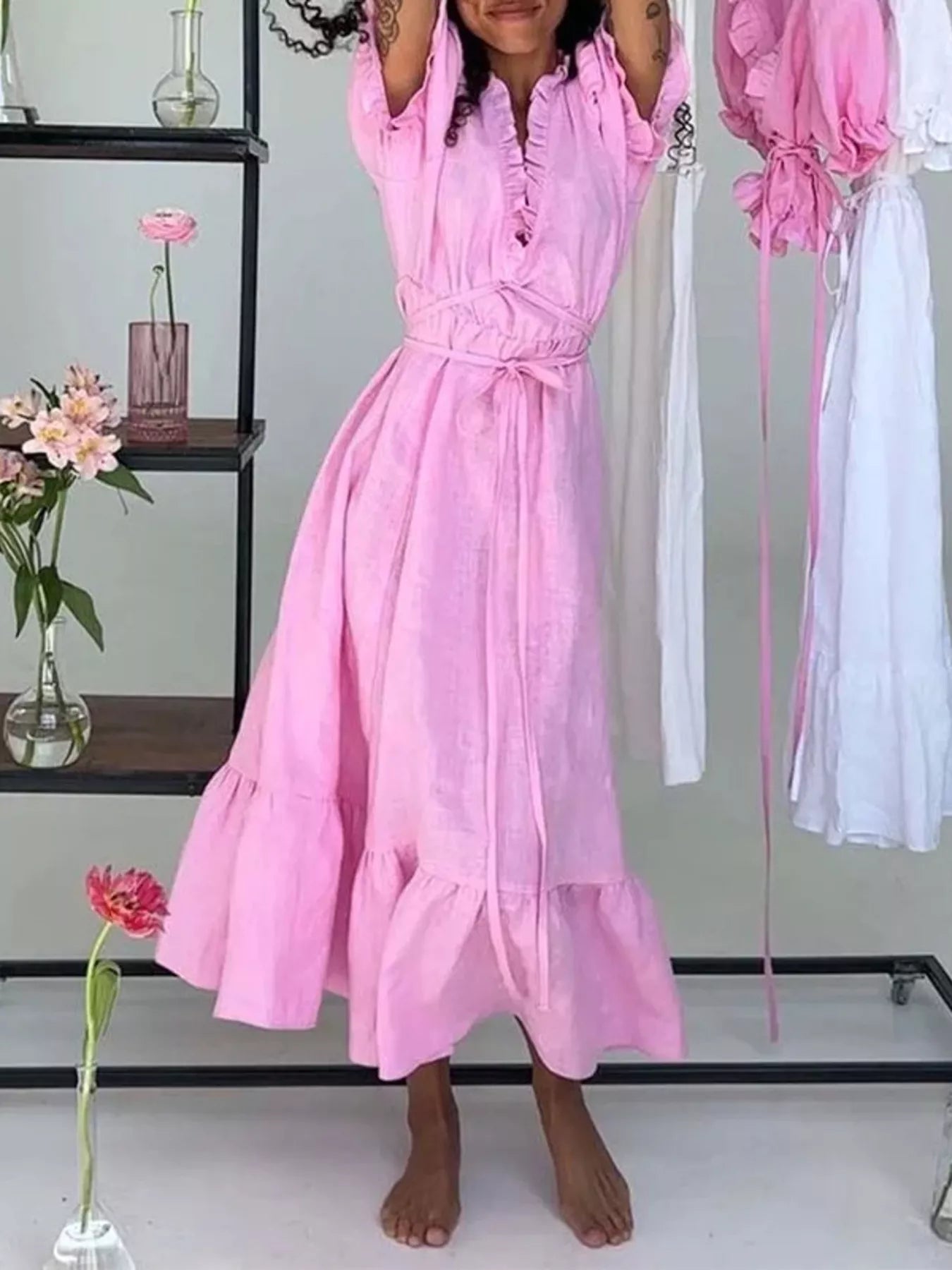 Full Size Puff Sleeve Ruffle Trim Maxi Dress Plus Size