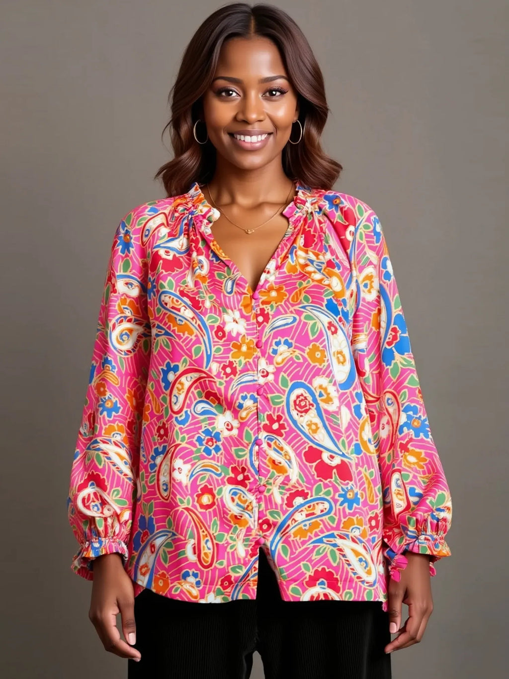 Satin Paisley Ruffle Neck Button-Up Shirt – Plus Size
