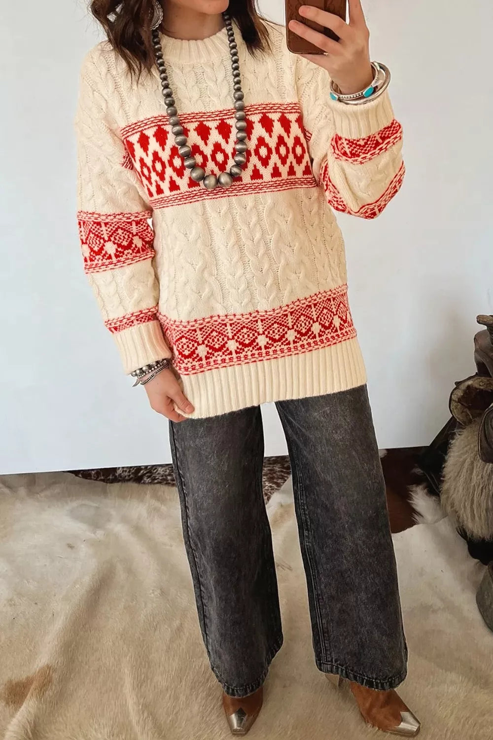 Western Print Round Neck Long Sleeve Shift Sweater