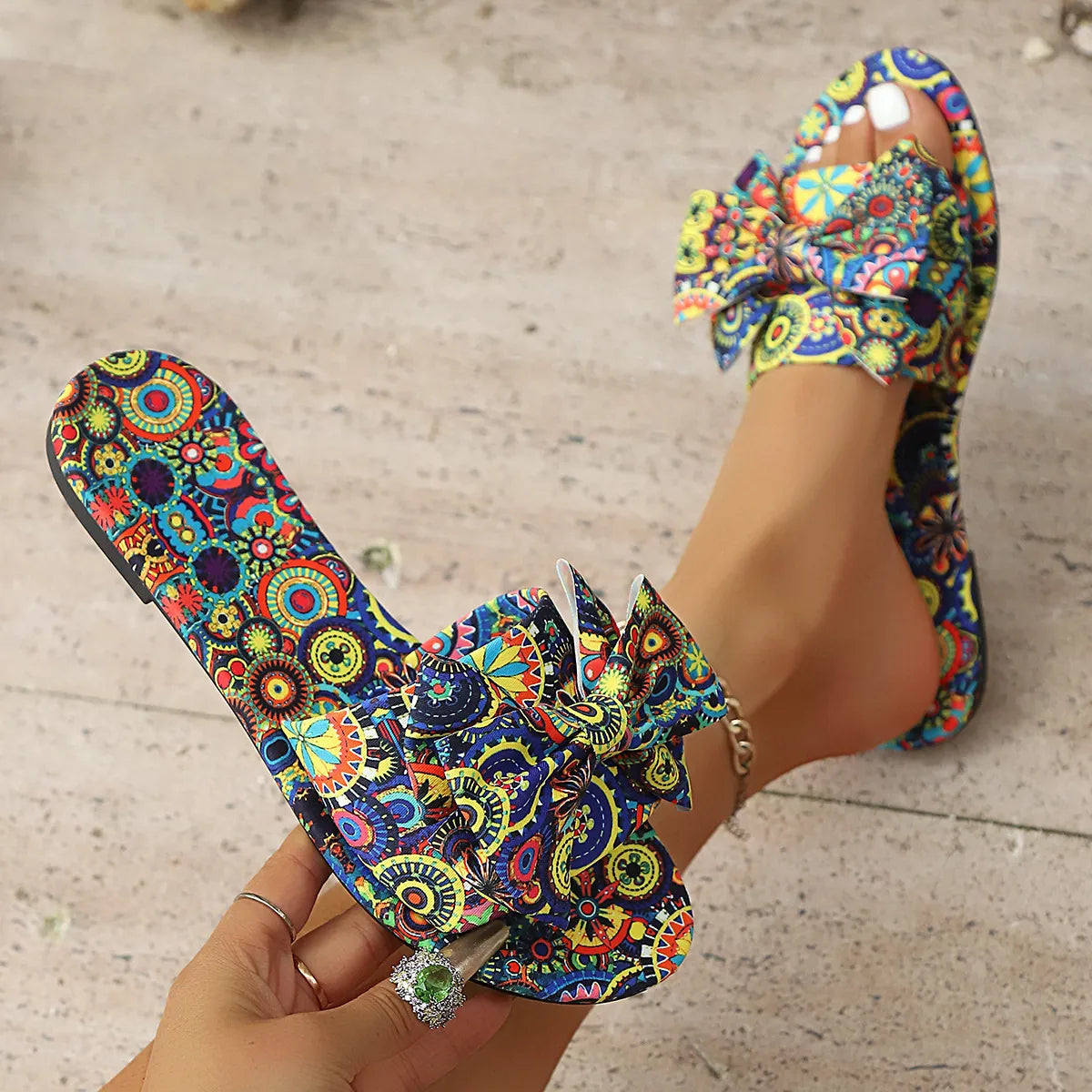 Bow Printed Open Toe Flats Sandals