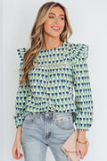 Green Floral Print Lace Detail Ruffle Trim Long Sleeve Blouse