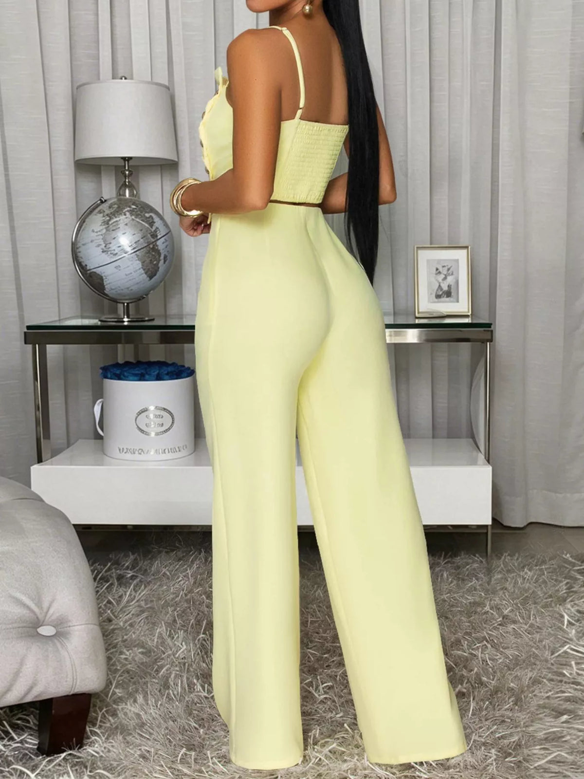 Decorative Button Smocked Back Cami and Wide Leg Pants Set