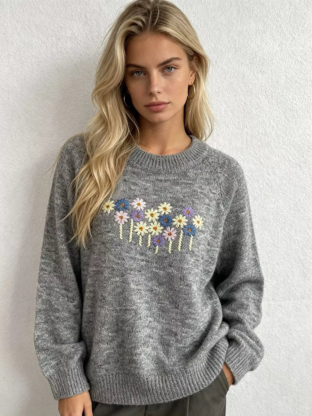 Floral Embroidered Round Neck Sweater