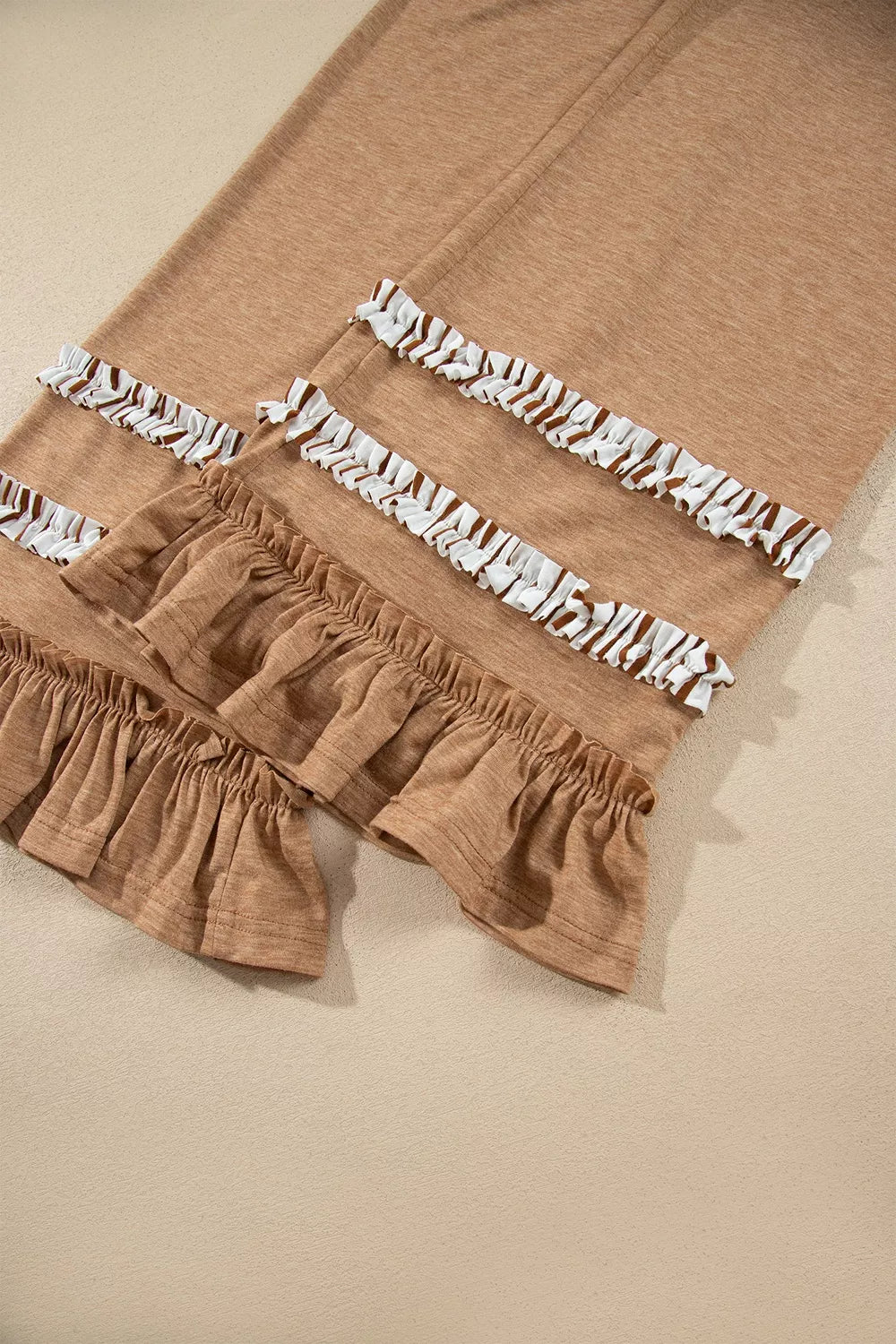 Stripe V Neck Ruffle Contrast Sleeve Top Drawstring Pants 2pcs Set