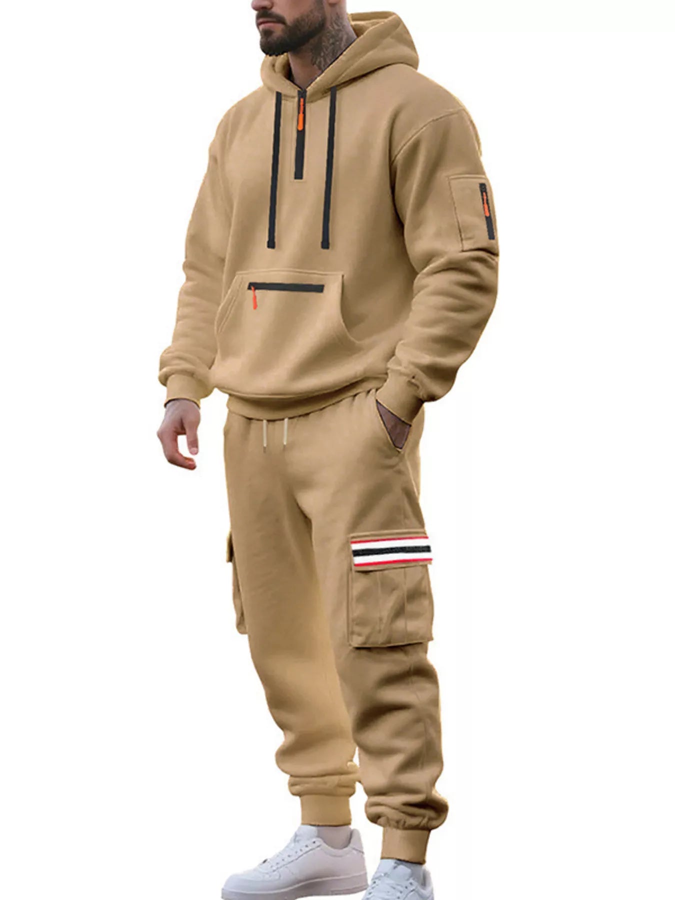Men's Full Size Casual Half-Zip Hoodie and Cargo Pants Set Plus Size
