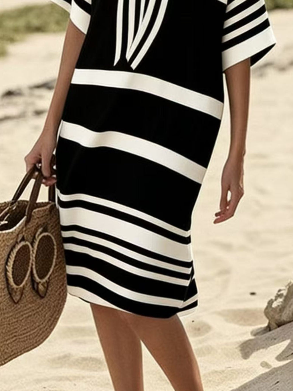 Striped Half Sleeve Midi Dress