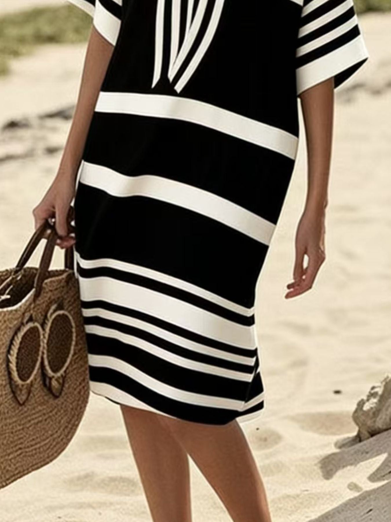 Striped Half Sleeve Midi Dress