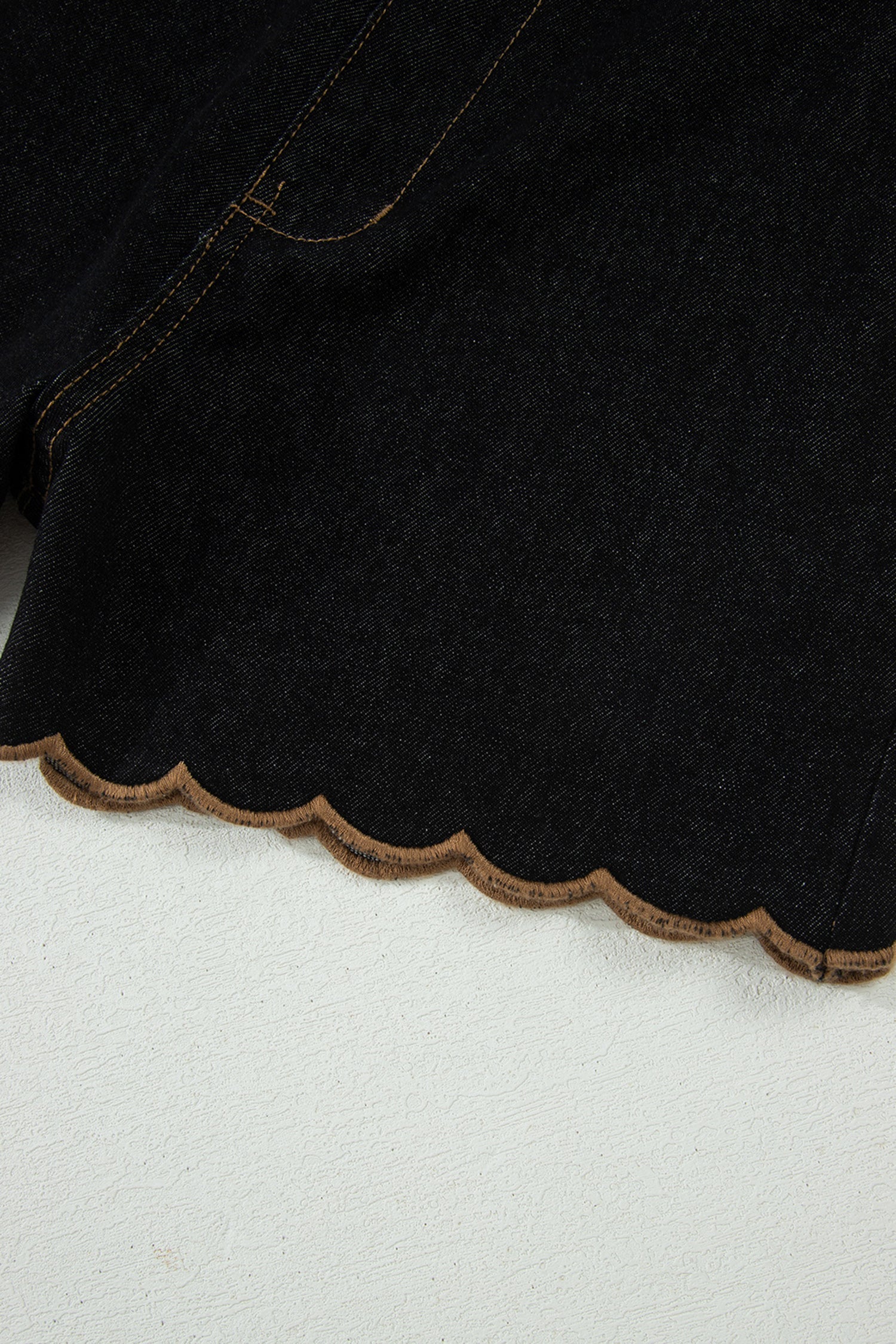 Black Embroidered Scalloped Trim Relaxed Denim Shorts