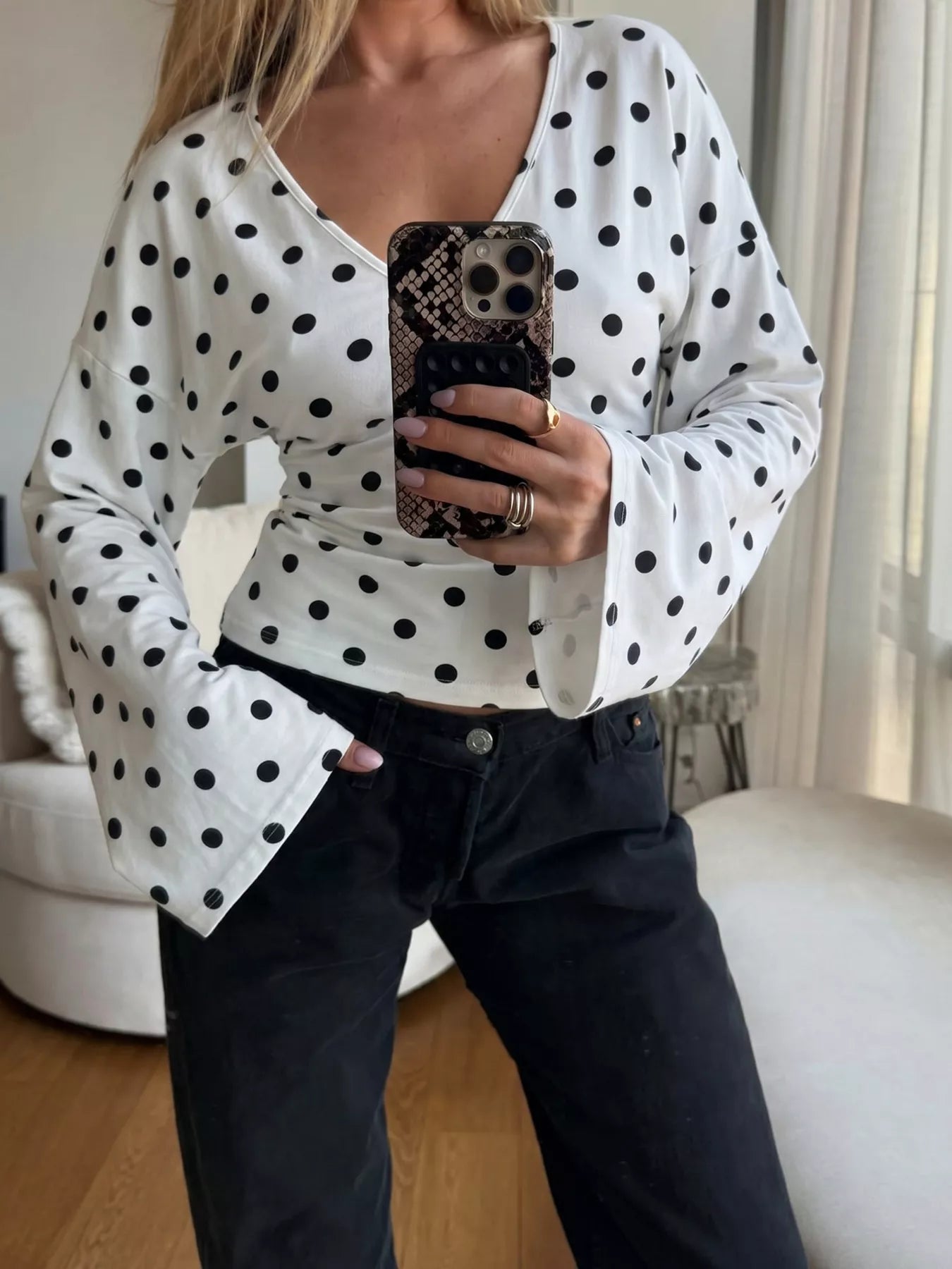 Polka Dot V-Neck Long Sleeve T-Shirt