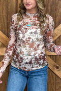Western Scene Mesh Long Sleeve Top