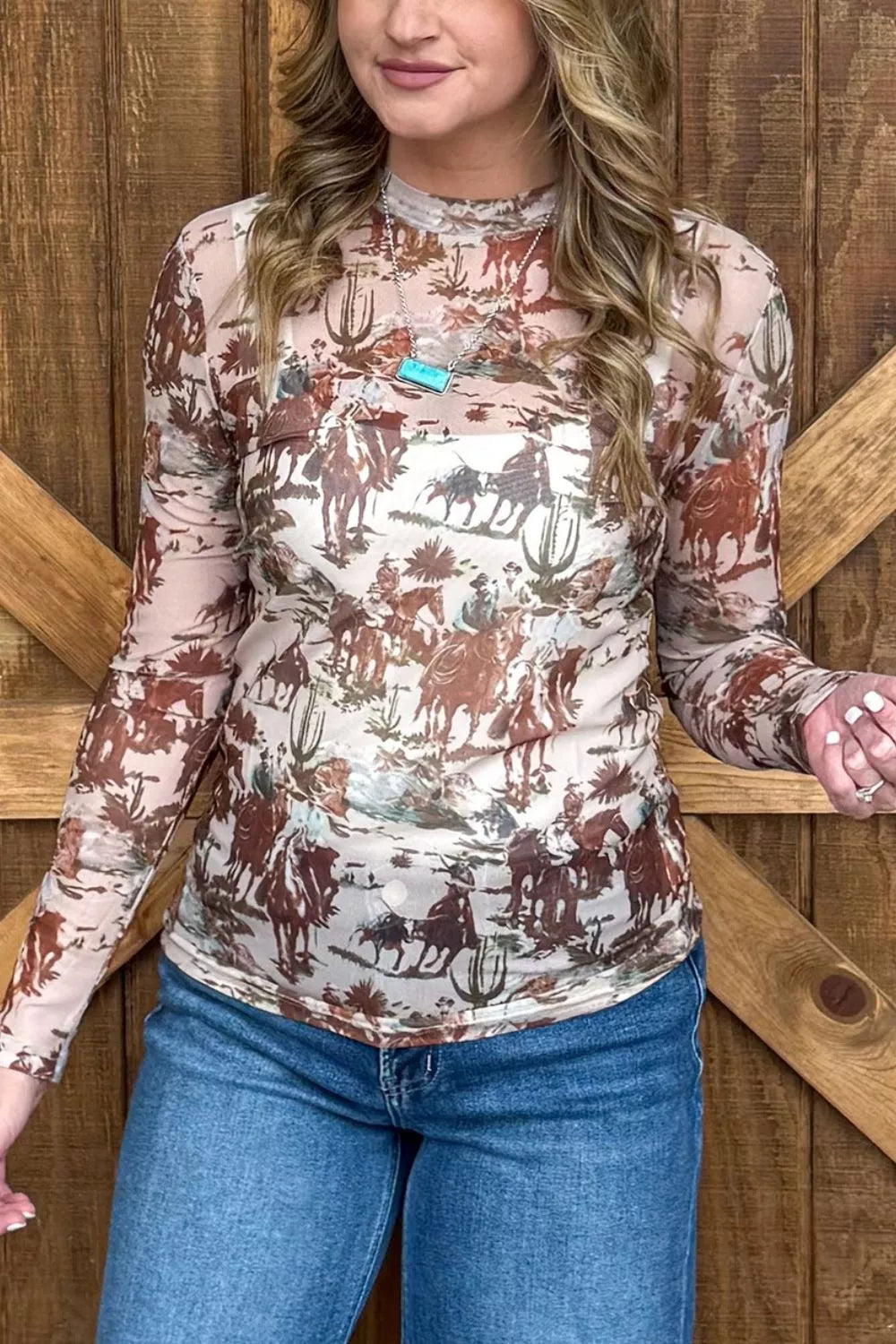 Western Scene Mesh Long Sleeve Top