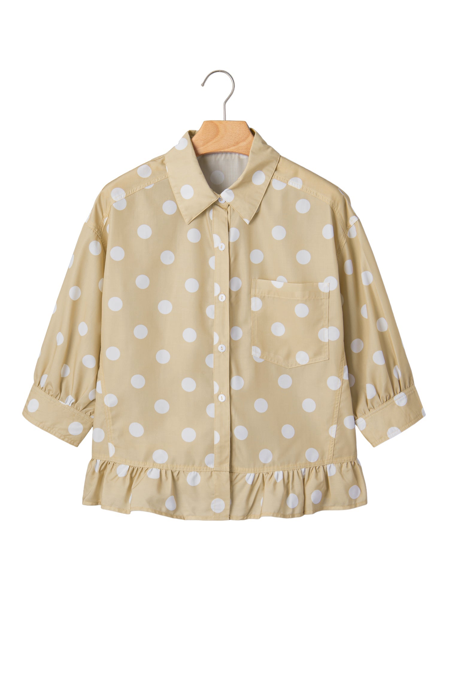 White Polka Dot Print Three Quarter Sleeve Ruffle Hem Casual Shirt