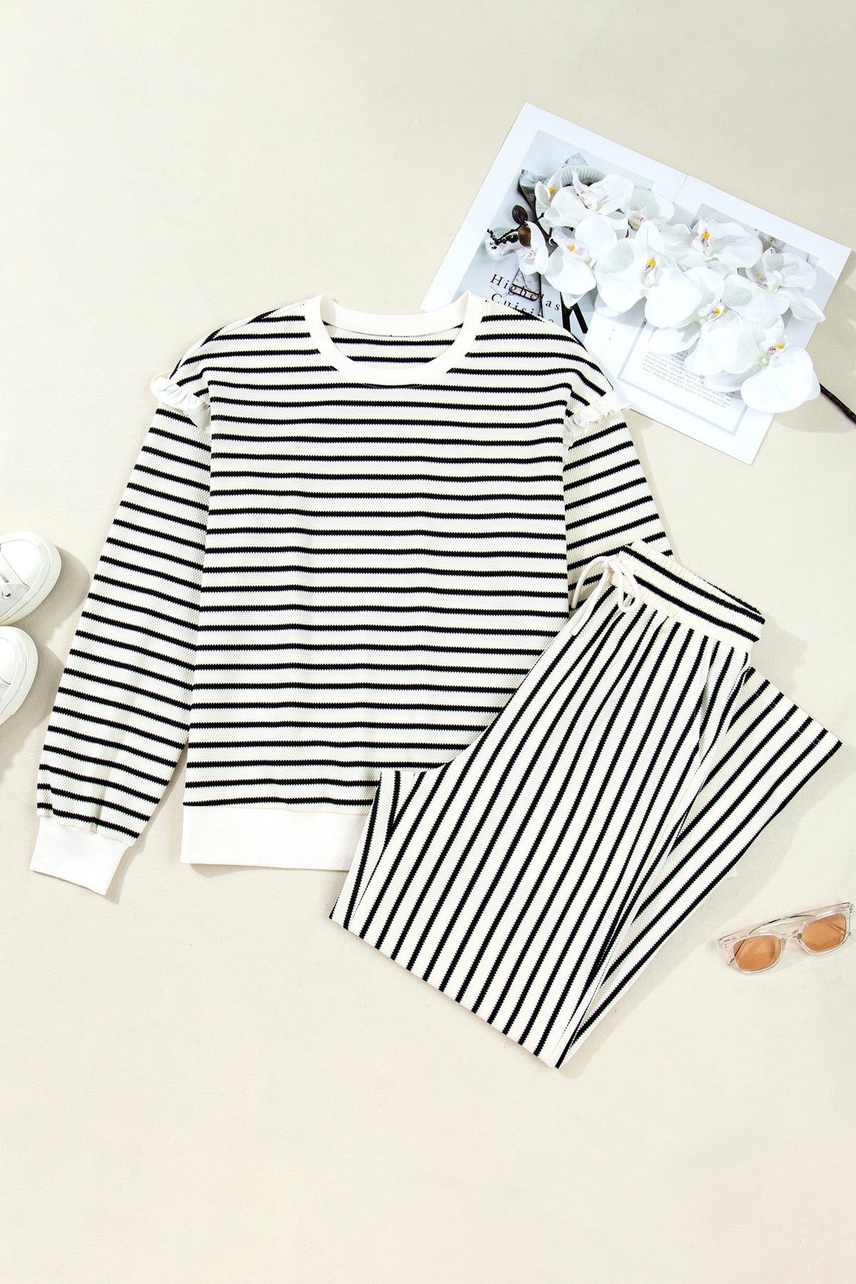 Stripe Ruffle Drop Shoulder Top and Pants Set