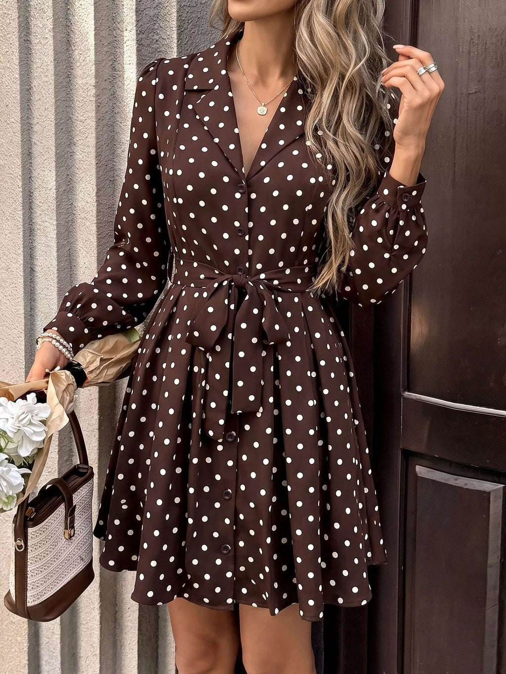 Polka Dot Long Sleeve Shirt Dress
