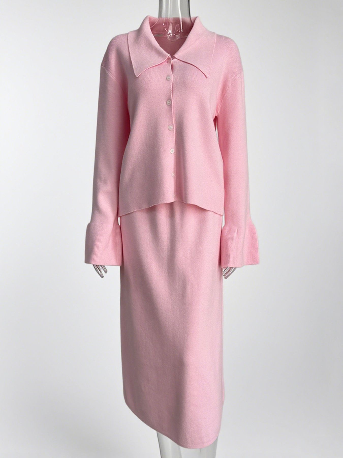 Button Down Long Sleeve Cardigan and Skirt Knit Set