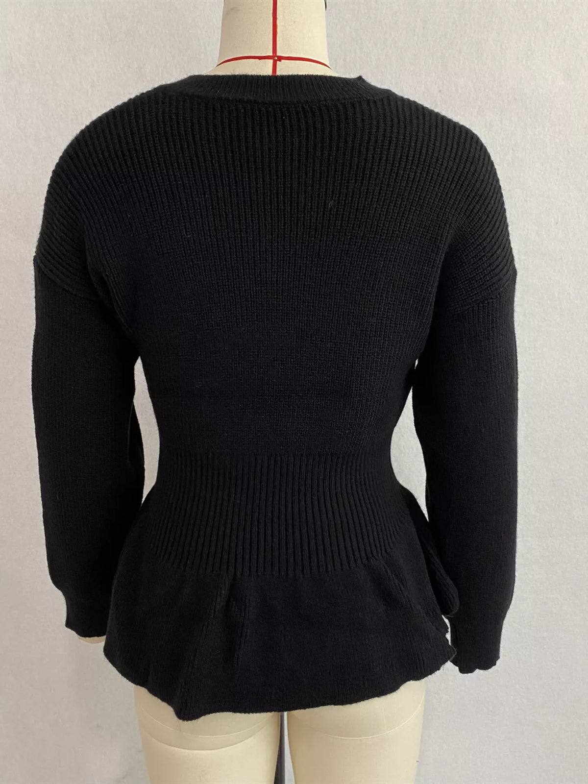V-Neck Peplum Hem Ribbed Knit Top
