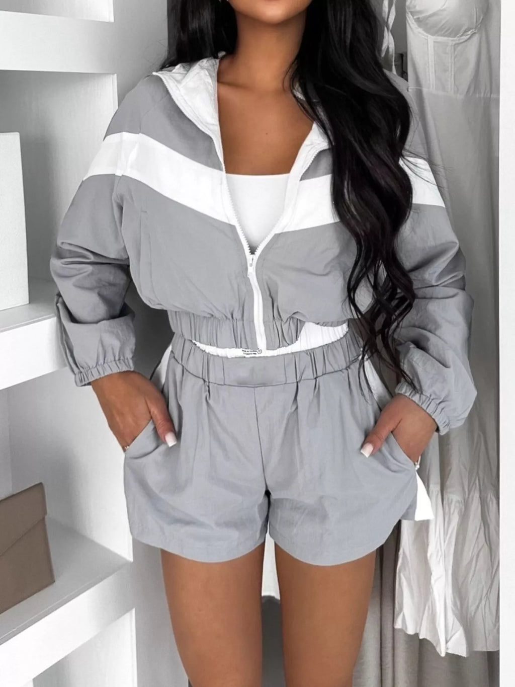 Color Block Zip-Up Jacket and Shorts Two-Piece Set