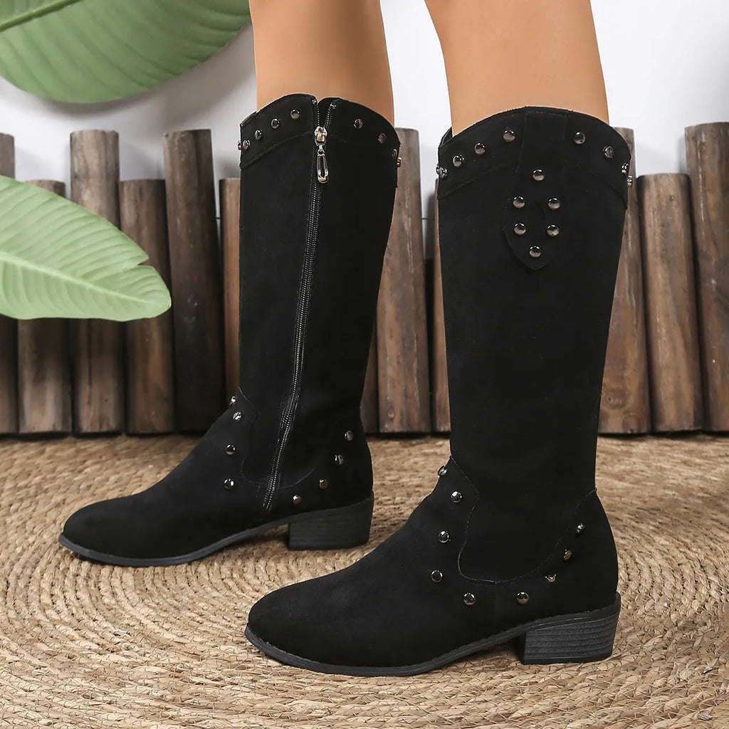 Studded Mid-Calf Boots with Side Zipper Closure