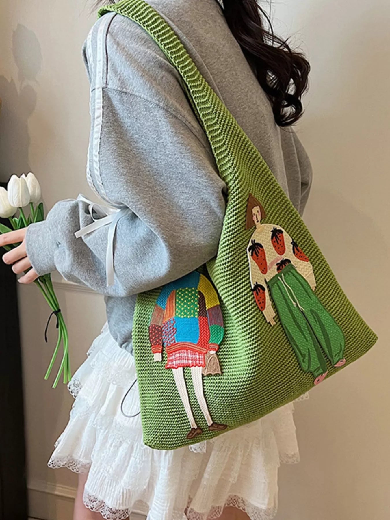Knitted Embroidered Shoulder Bag