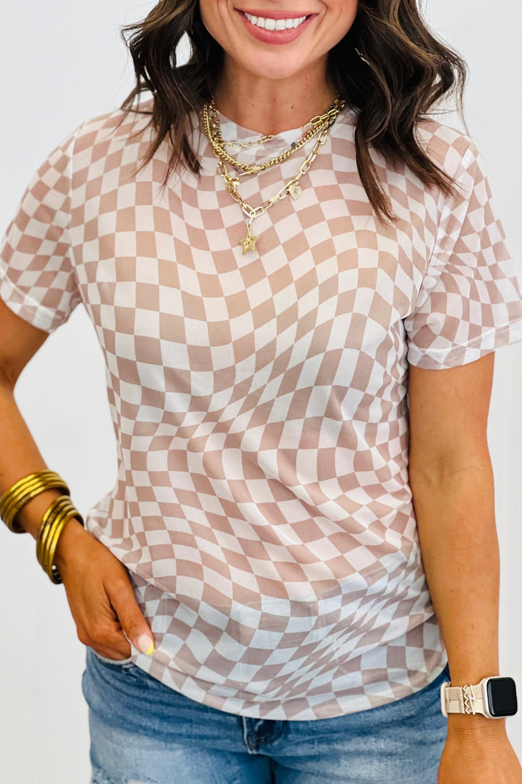 Khaki Checkered Print Crew Neck Mesh T Shirt