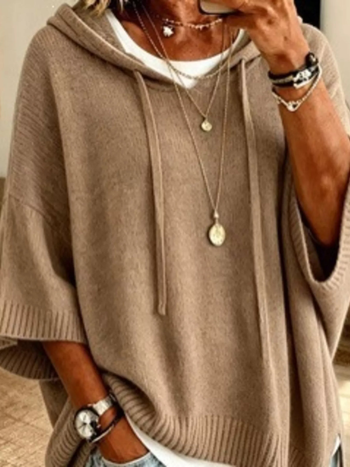 Casual Loose Fit Hooded Knit Sweater with Ribbed Hem