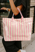 Pink Glossy Striped Vinyl Large Tote Bag