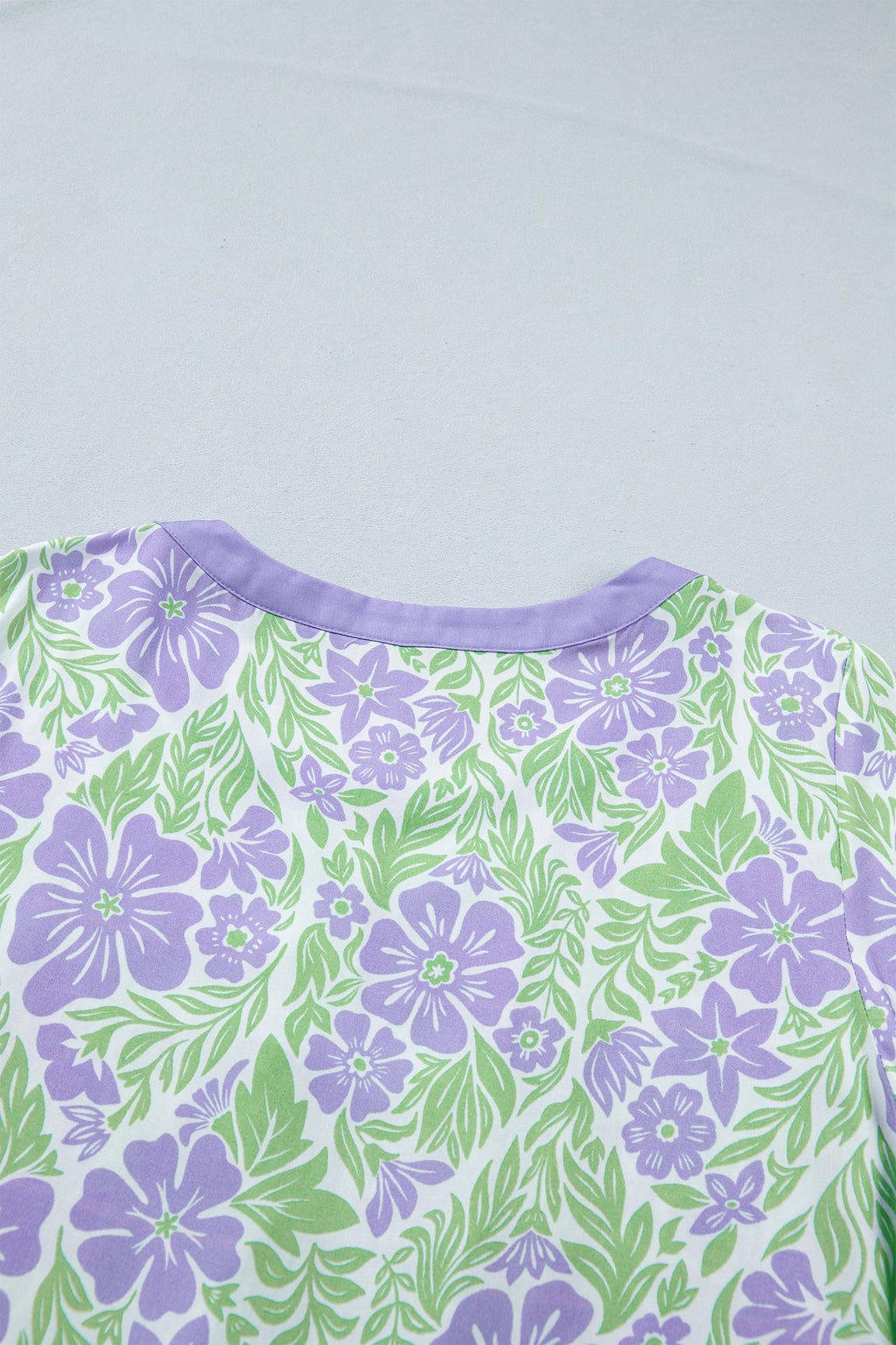 Purple Floral Print Ruffled Color Block Trim Half Sleeve Blouse