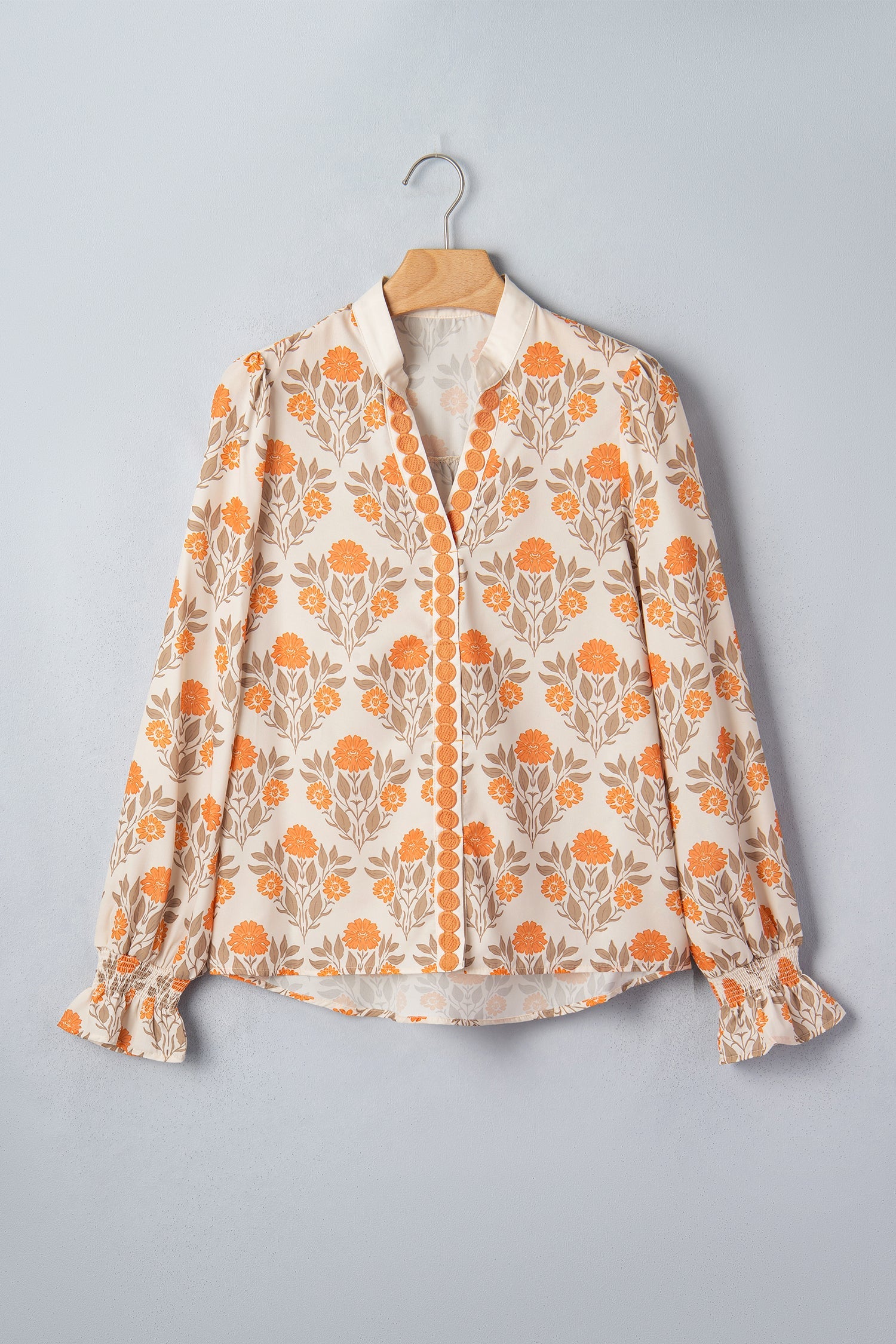 Orange Floral Print Contrast Detail V Neck Long Sleeve Blouse