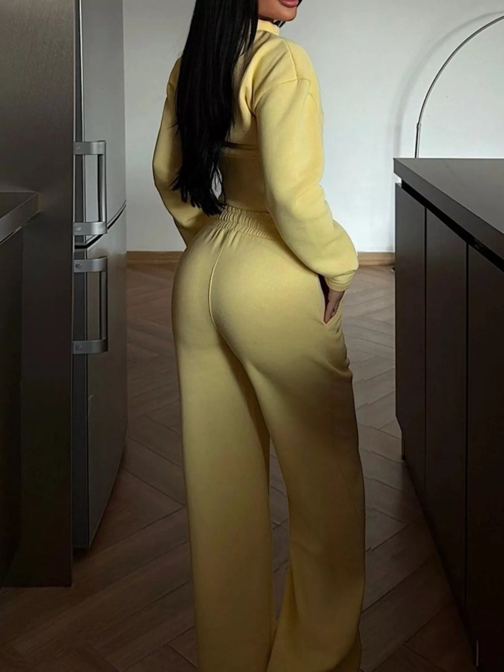 Zip-Up Crop Jacket and Wide-Leg Pants Set