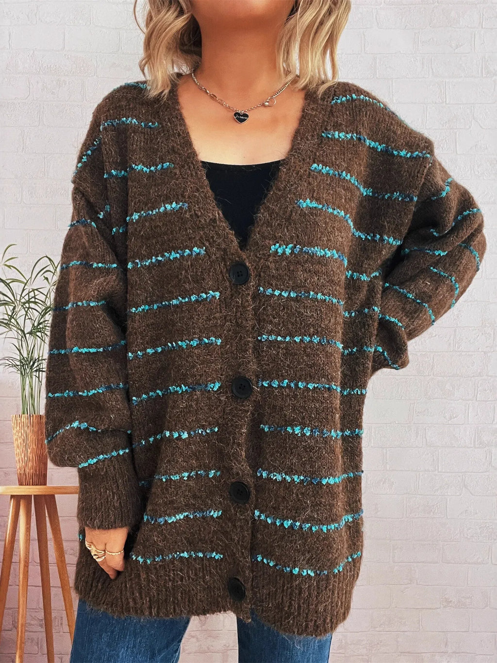 Striped Button-Up Cardigan with V-Neck Design