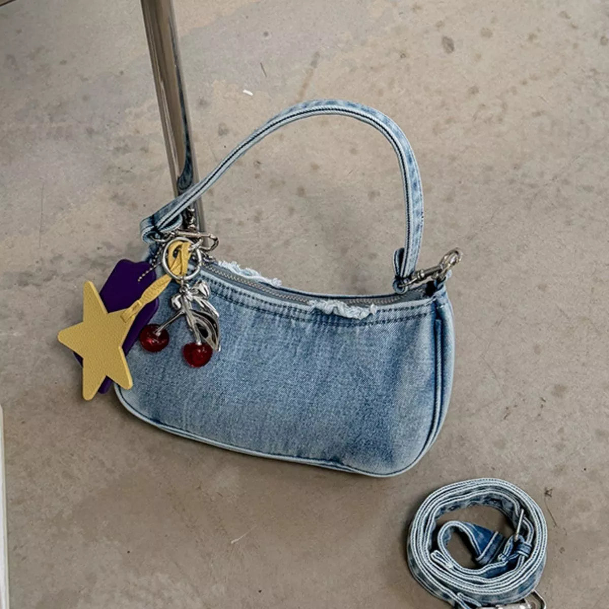 Star Charm Denim Shoulder Bag