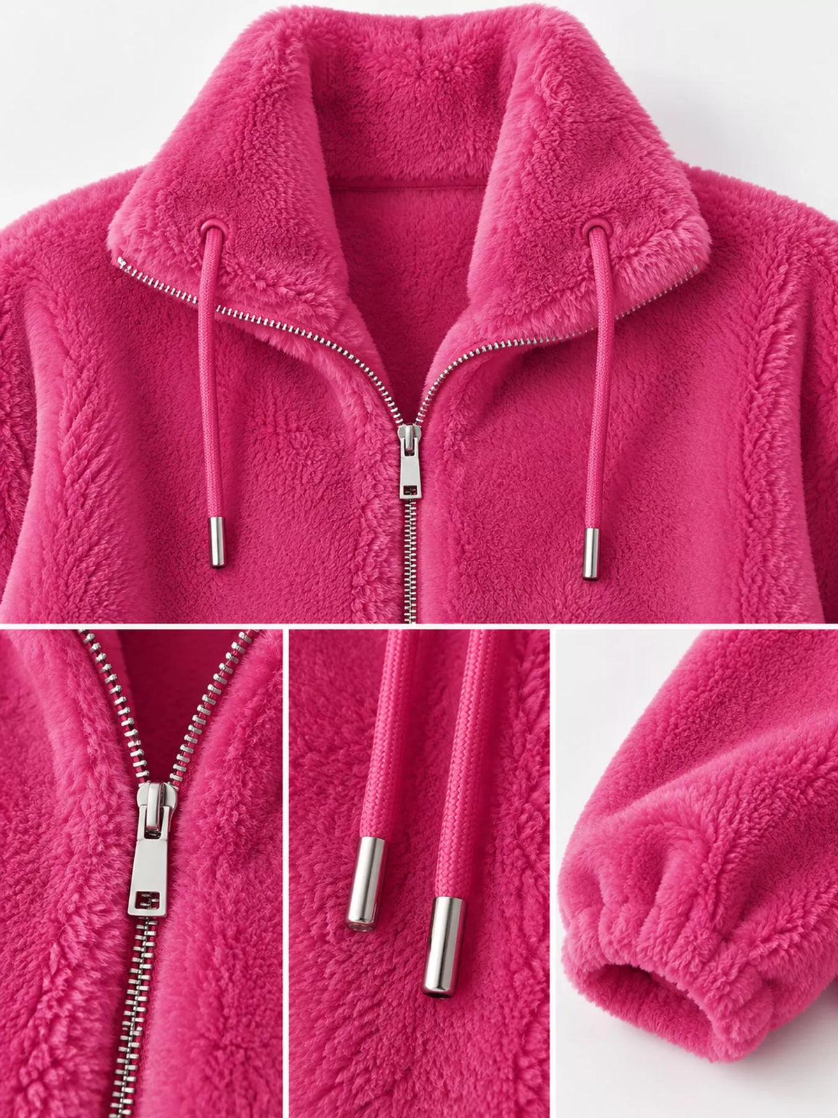 Full Size Drawstring Faux Fur Stand-Collar Zip-Up Outerwear Plus Size