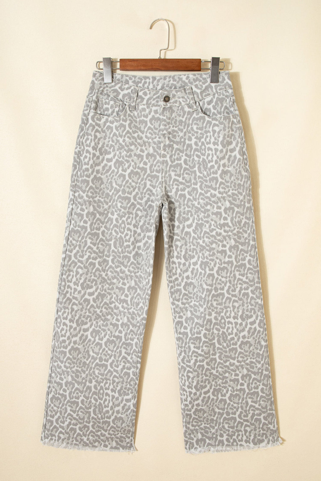 Gray Leopard Frayed Edge Wide Leg High Waist Jeans