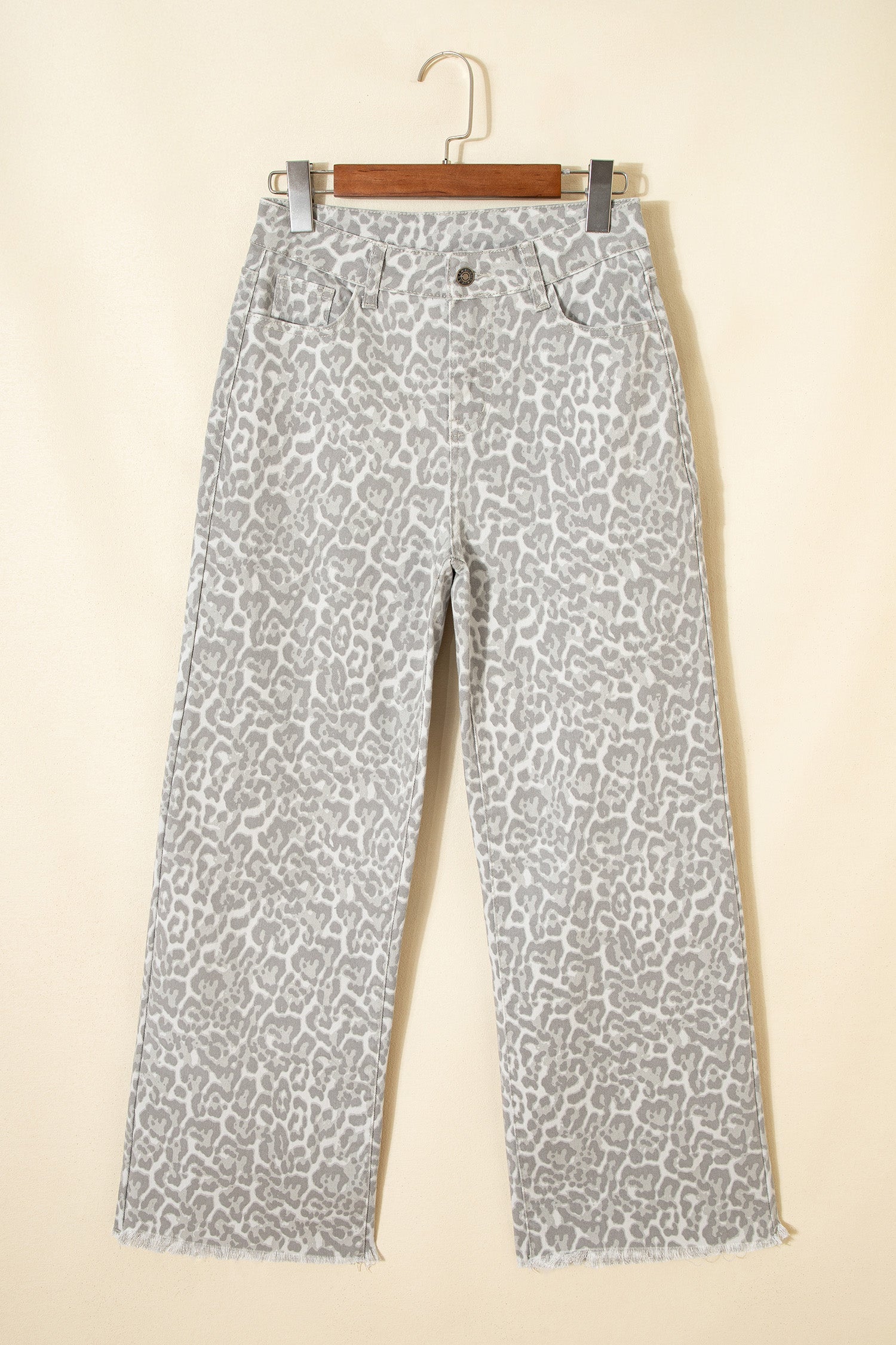 Gray Leopard Frayed Edge Wide Leg High Waist Jeans