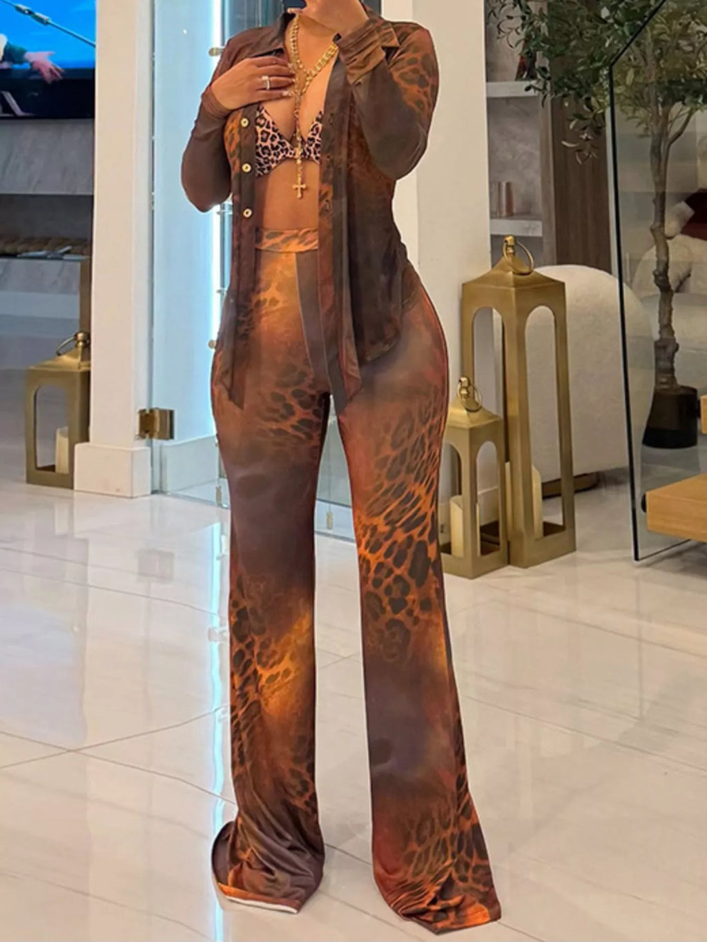 Printed Mesh Shirt and Pants Set
