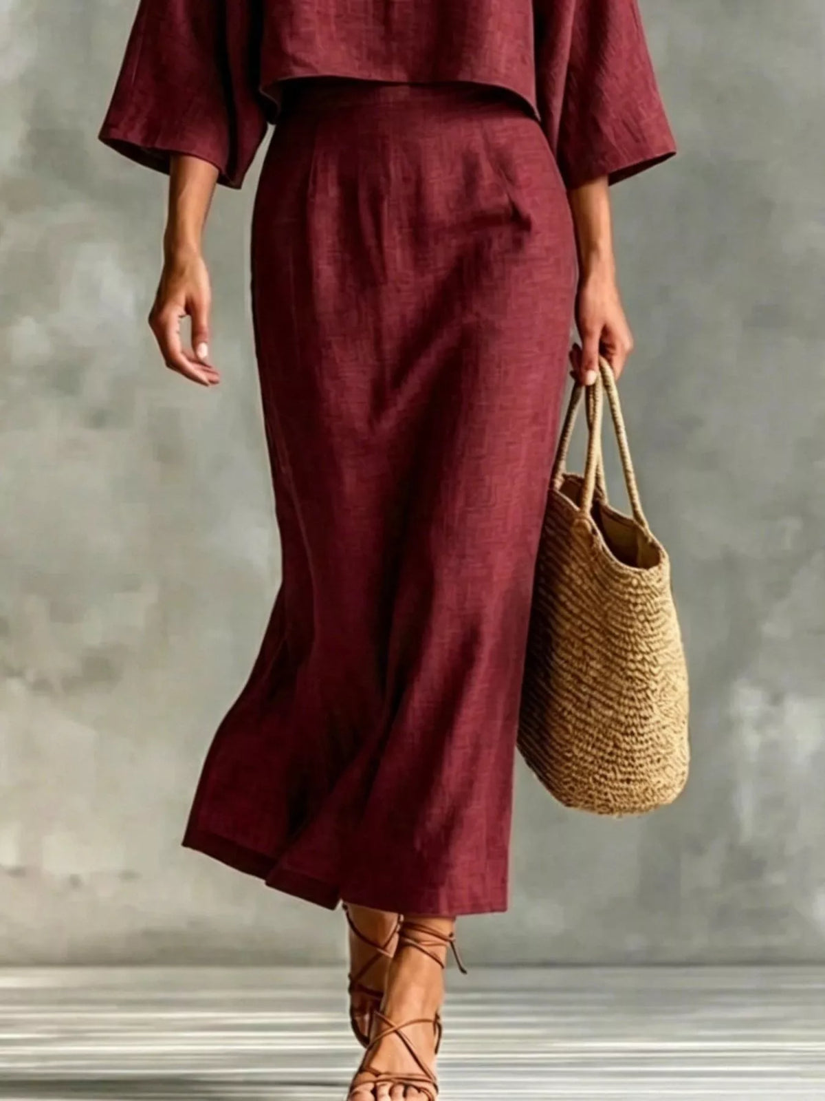 Full Size Solid Color Cropped Top and Midi Skirt Set Plus Size