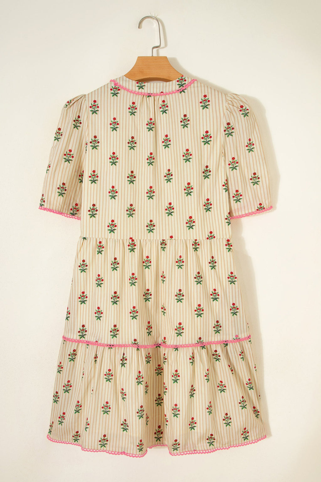 Apricot Striped Floral Print Contrast Detail Ruffle Hem Short Dress