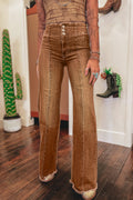 Coffee High Waist Button Fly Seamed Raw Hem Flare Jeans