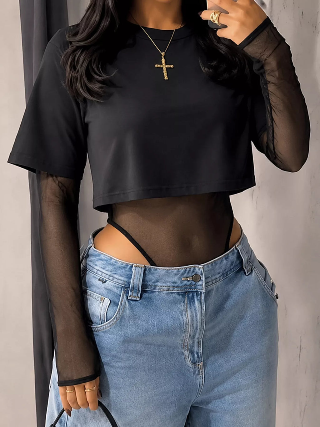 Sheer Mesh Long Sleeve Bodysuit