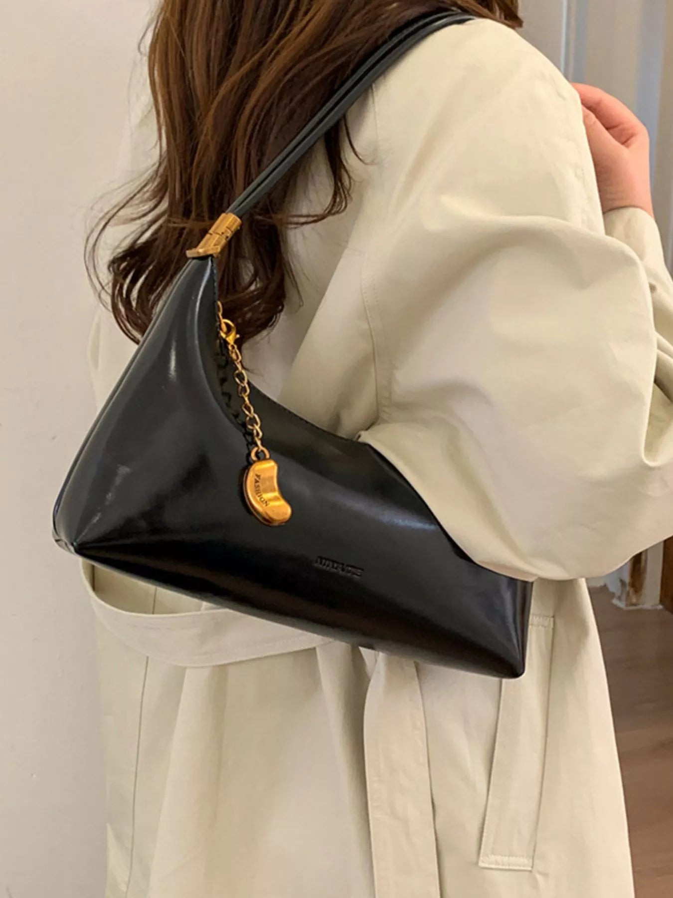 Chain Charm Leather Shoulder Bag
