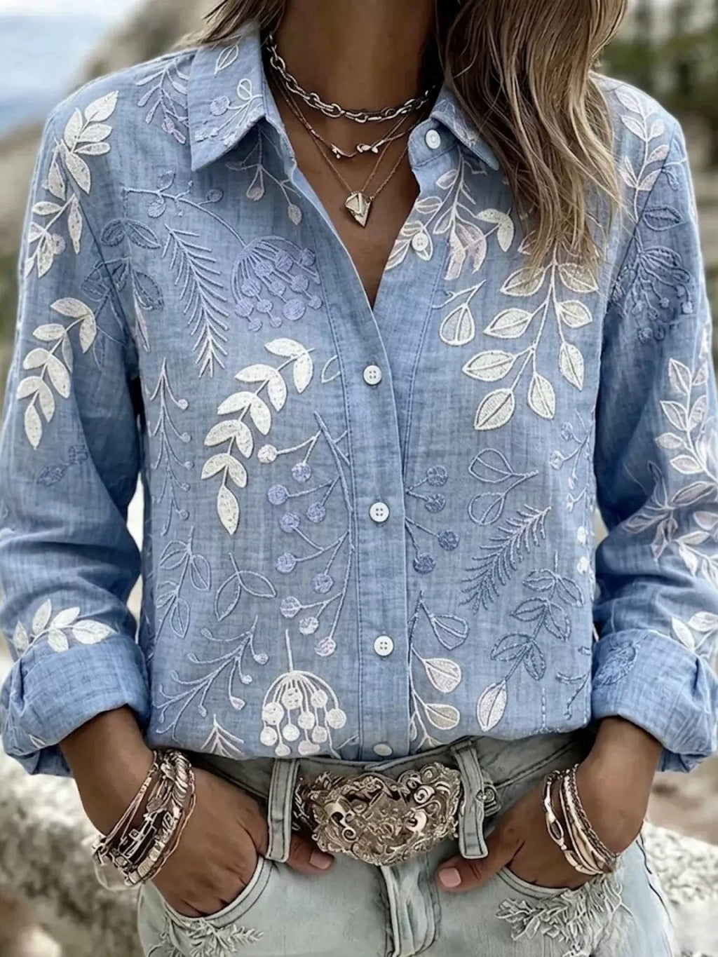 Full Size Leaf Embroidered Button-Down Shirt Plus Size