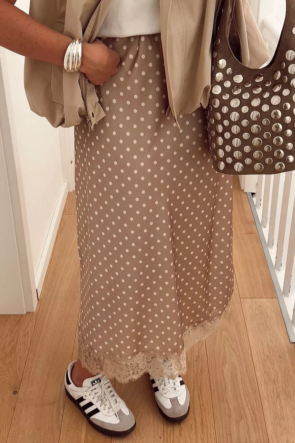 Polka Dot Lace Trim Midi Skirt