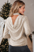 Jet Stream Sequin Mock Neck Drape Open Back Bell Sleeve Top