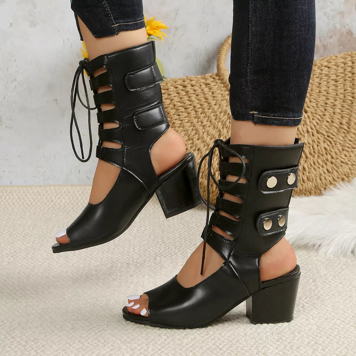 Lace Up Block Heels Sandals
