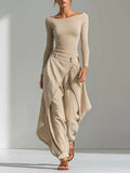 Boat Neck Long Sleeve Top and Wrap-Front Wide Leg Pant Set