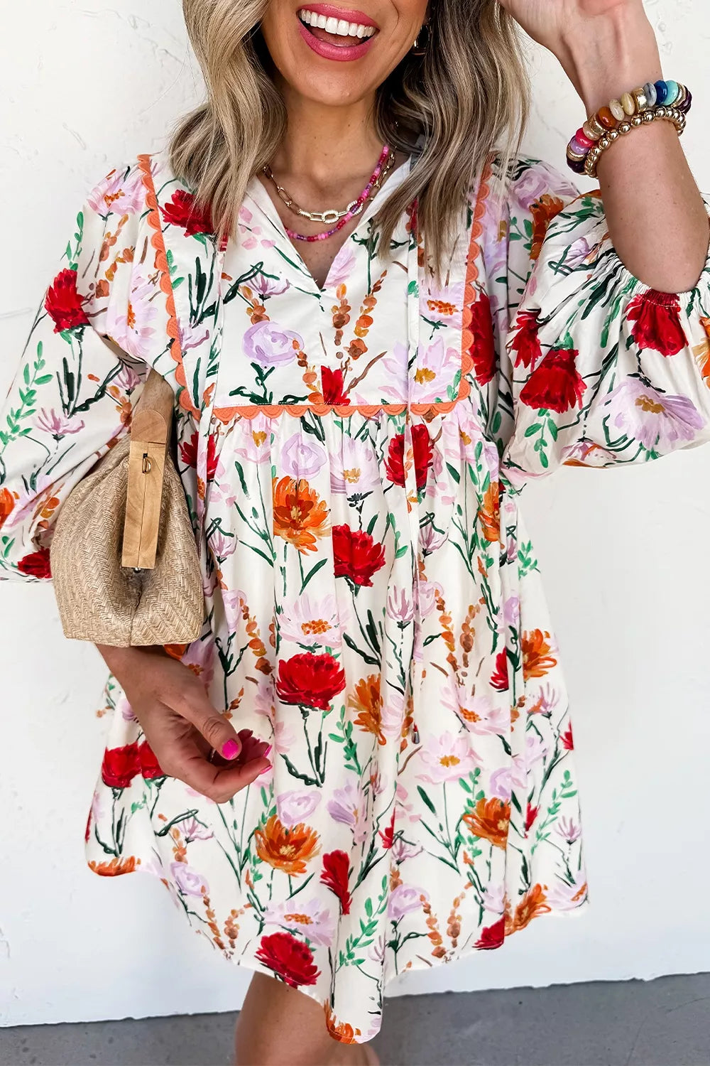 Floral Print 3/4 Puff Sleeve Ricrac Trim Mini Dress