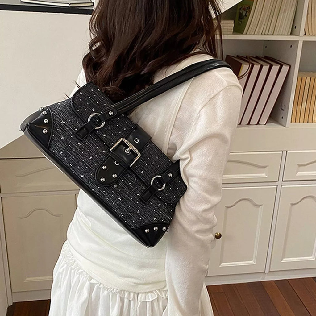 Studded Shoulder Bag with Buckle Detail