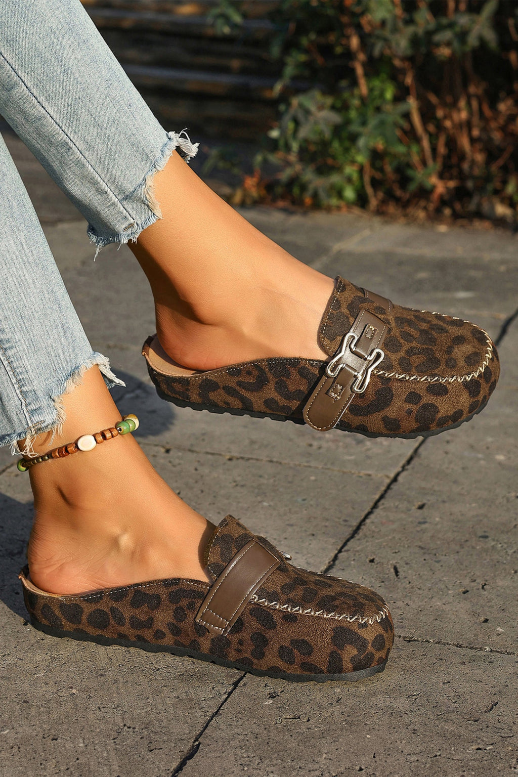 Coffee Faux Suede Cute Buckle PU Leather Strap Mule Slippers