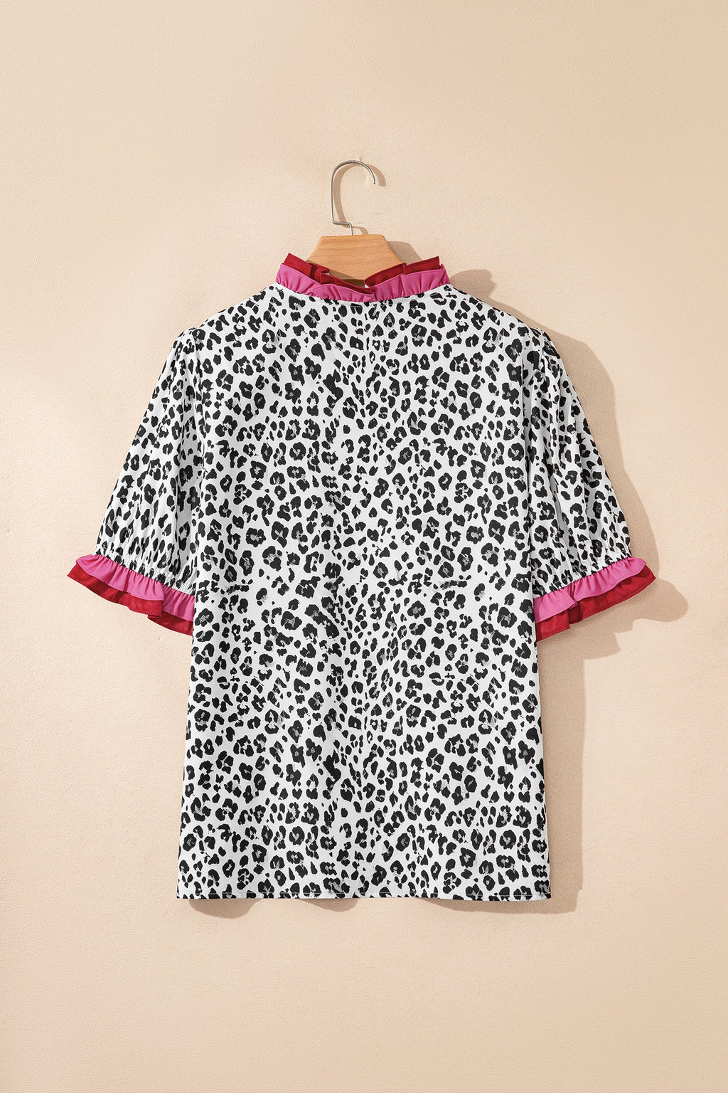 Gray Ruffled Trim V Neck Leopard Print Short Sleeve Blouse